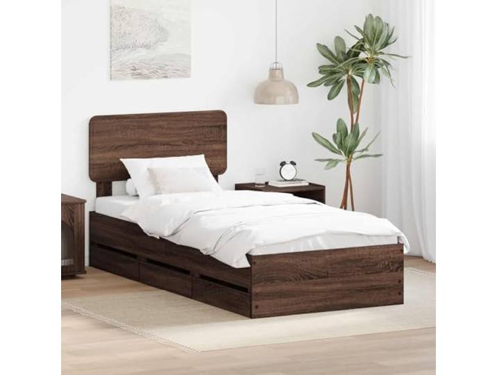 RJPLMFV Bettgestell, Eiche, Braun, 100 x 200 cm, Holz Mit versteckten Schubladen, Kopfteil verstellbar, feste Latten, integrierte Aufbewahrung