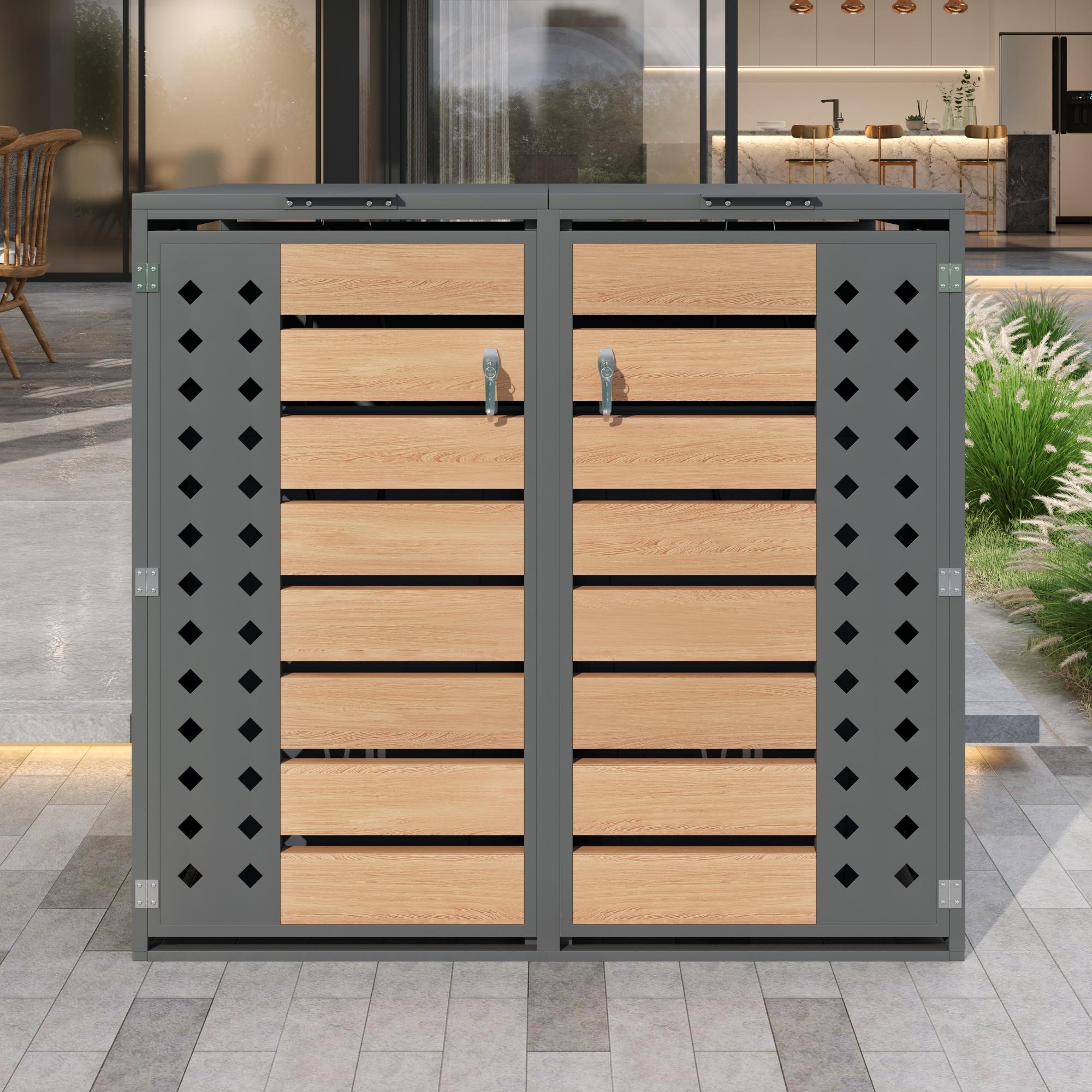 Mülltonnenbox für 2 Mülltonnen, hydraulischer Klappdeckel, abschließbare Doppeltüren, Belüftung, verzinktes Stahlblech, Holzoptik Grau