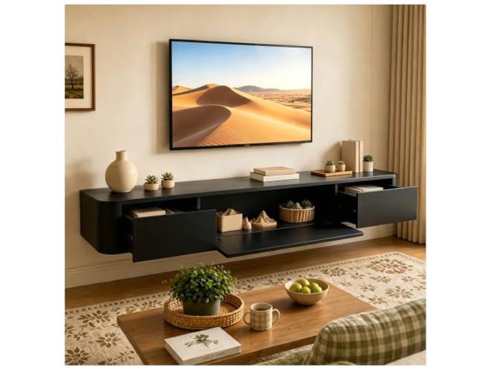 KSYGINXD Schwebende TV Schrank 180cm Schwarz, Modern TV Lowboard Hängend, TV Board Hängend mit 2 Schubladen 1 Klappen Türen & Kabelmanagement, für Wohnzimmer und Esszimmer