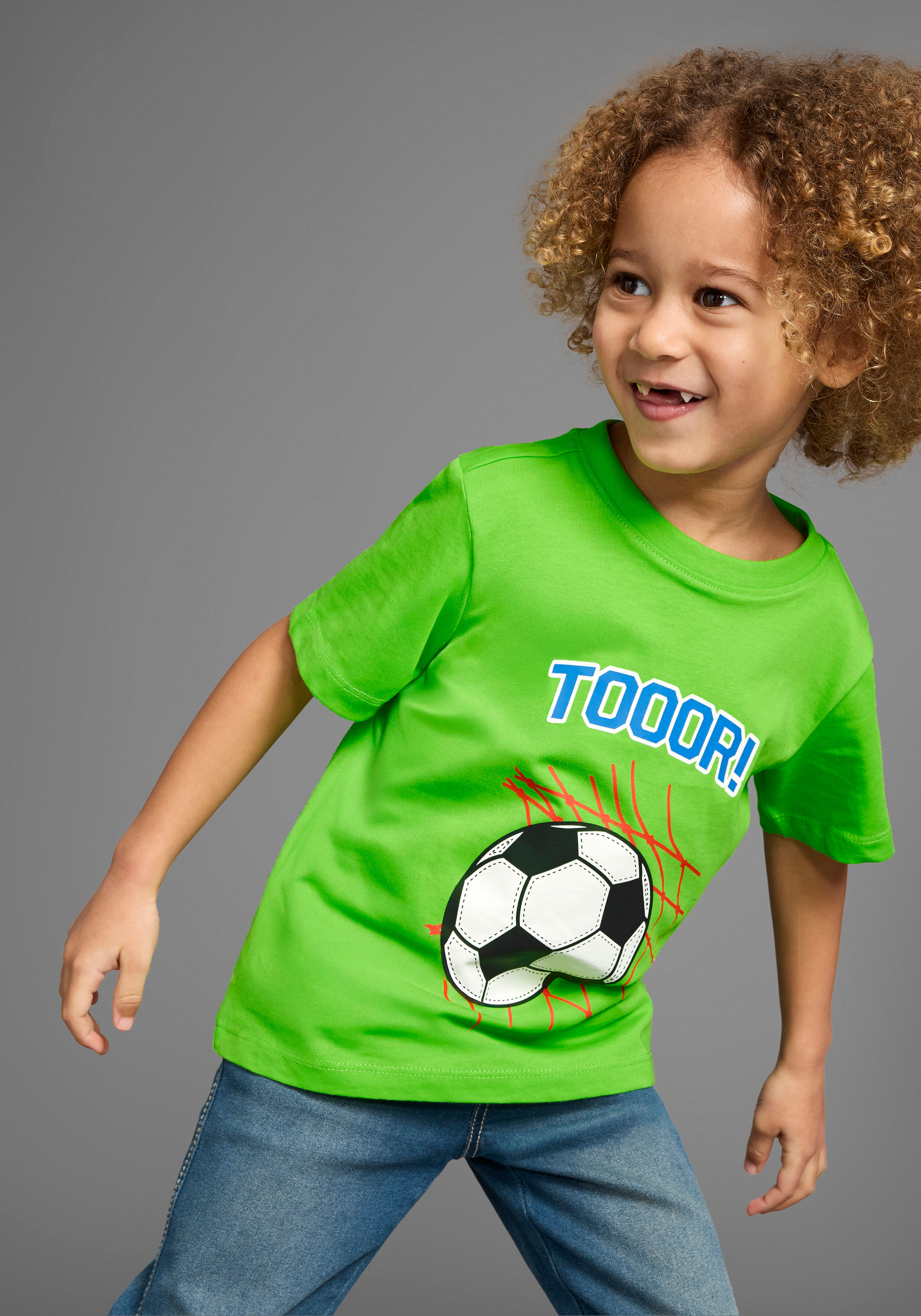 T-Shirt KIDSWORLD "Fussball-Print: TOOOR", Jungen, Gr. 92/98, grün, Jersey, Obermaterial: 100% Baumwolle, Basic, Shirts T-Shirt, Kurzarm, Basic-Passform, mit Statements/Sprüchen grün 92/98
