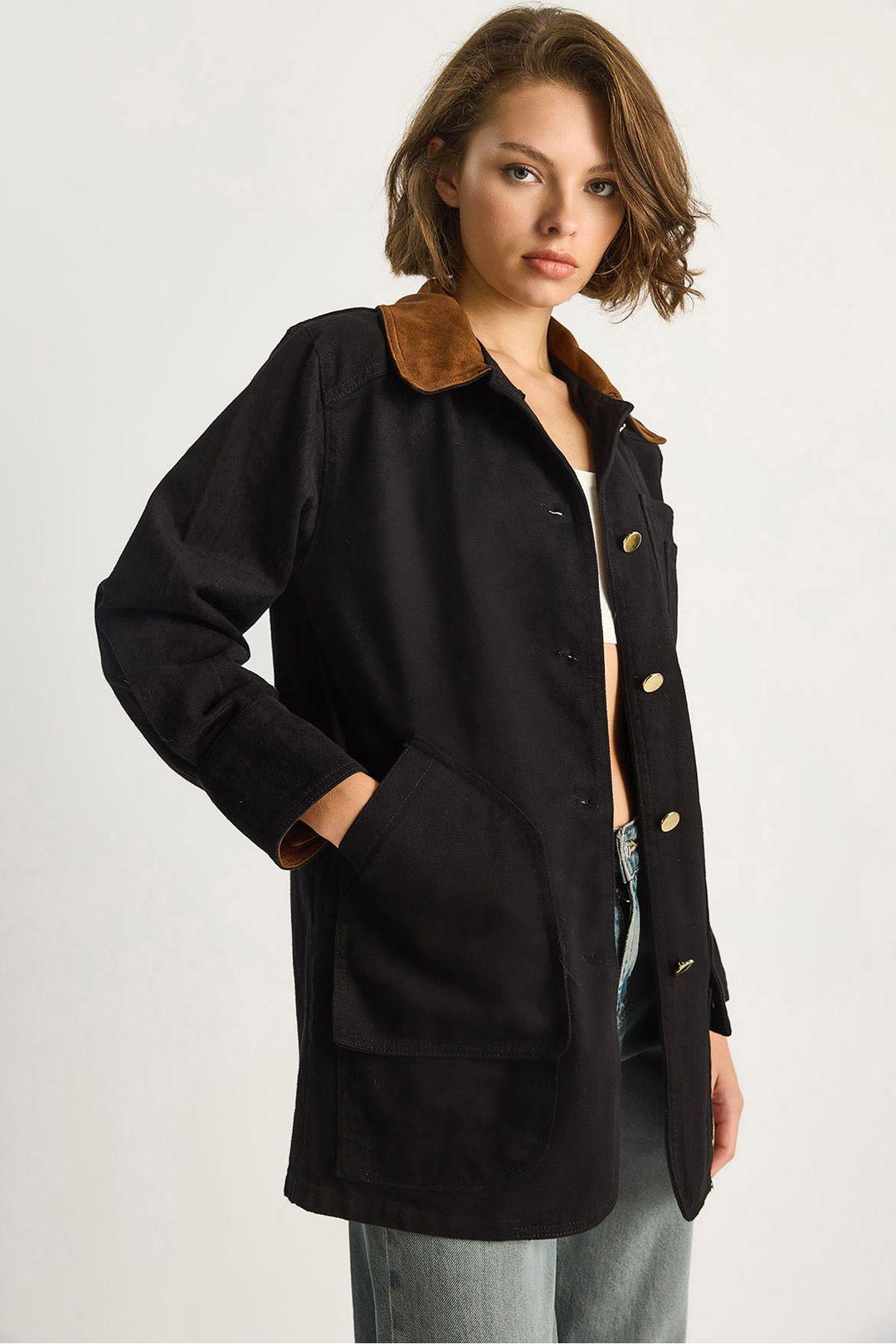 Gabardine-Jacke mit Wollimitat-Kragen