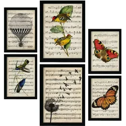 POSTER Set Mit 6 Noten Vintage Papier Stil Natur Und Flug, Vögel Und Schmetterlinge A3 & A4 Rahmenlos