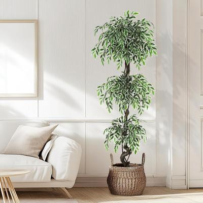 YUN Artificial Ficus Tree in White Planter, Faux Indoor/Outdoor Plant with Pebbles & Moss for Home or Office Decor