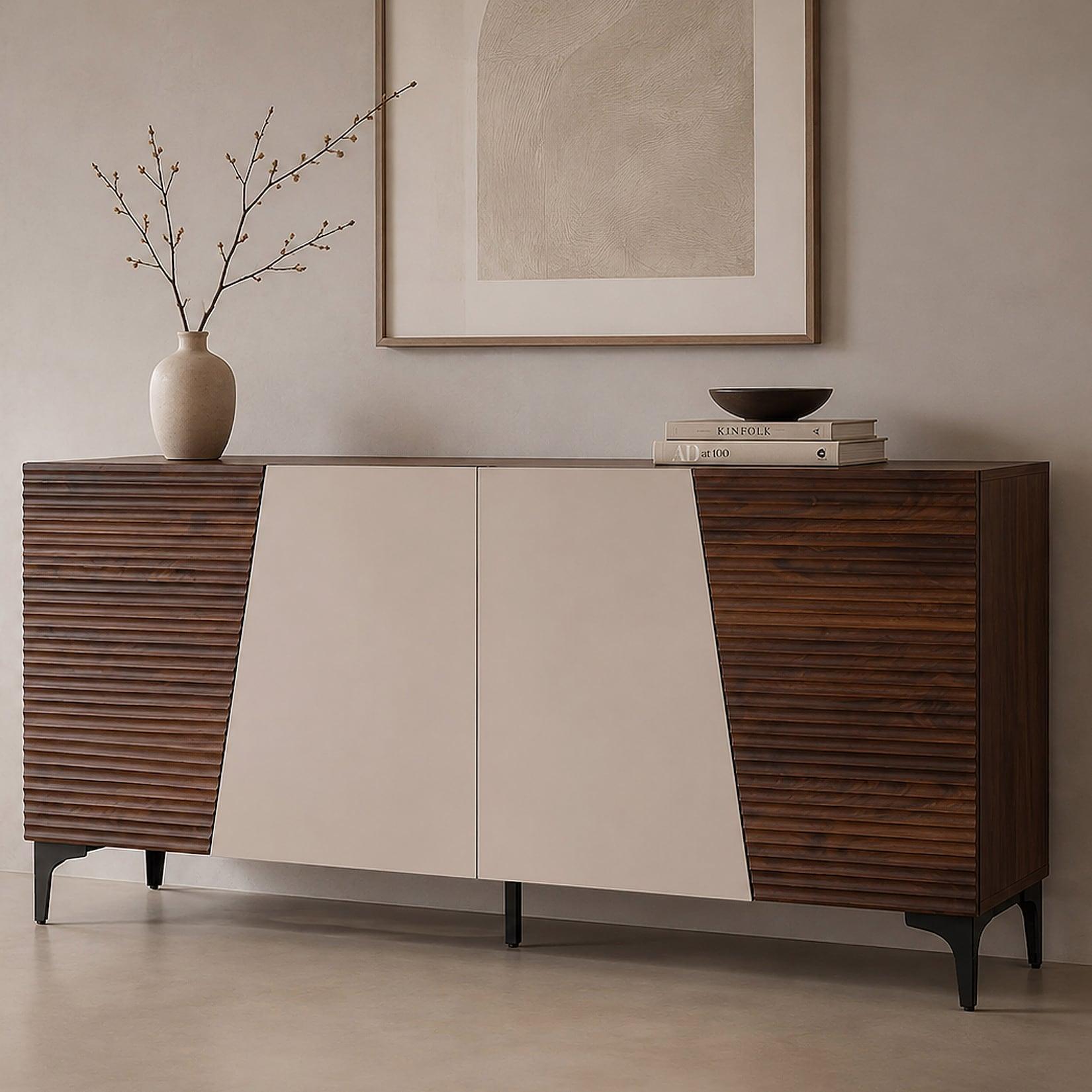 Sideboard MCW-Q83, Kommode Schrank Türen 3D-Struktur Staufächer MDF Melamin 80x160x42cm ~ Walnuss-Optik