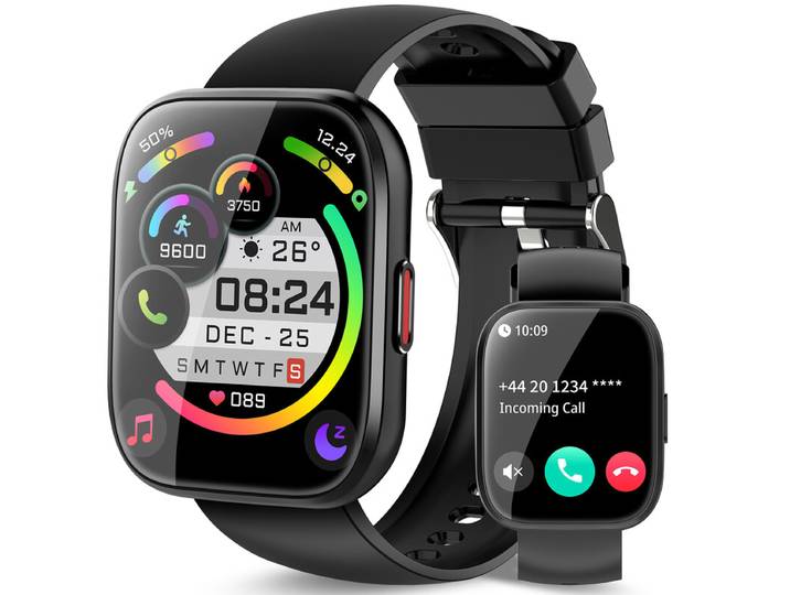 Jugeman P114 Zwart Smartwatch voor Dames Heren Oproepen Beantwoorden/Plaatsen, 1,85 HD Fitnesswatch met Stappenteller/Hartslag/Slaapmonitor