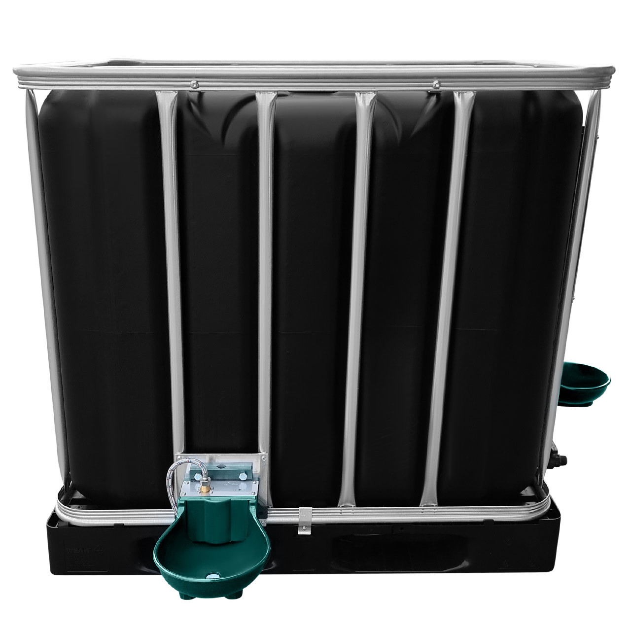 REKUBIK 1000l IBC Wassertank in SCHWARZ mit Doppel-Tränkebecken auf Stahlpalette NEU