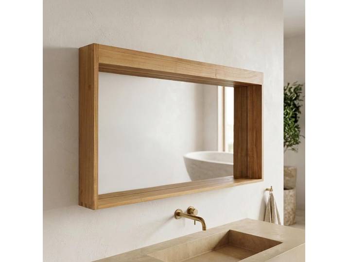 Miroir rectangulaire 140 cm cadre en teck massif avec emplacement lampes
