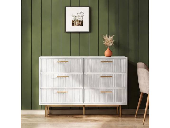 Commode blanche en panneaux de particules à 6 tiroirs style contemporain 120x40x75 cm