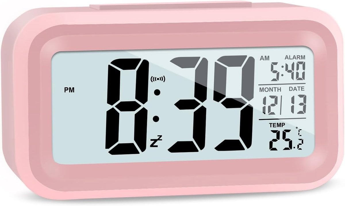 Digitale LCD-wekker met temperatuur en snoozefunctie, roze