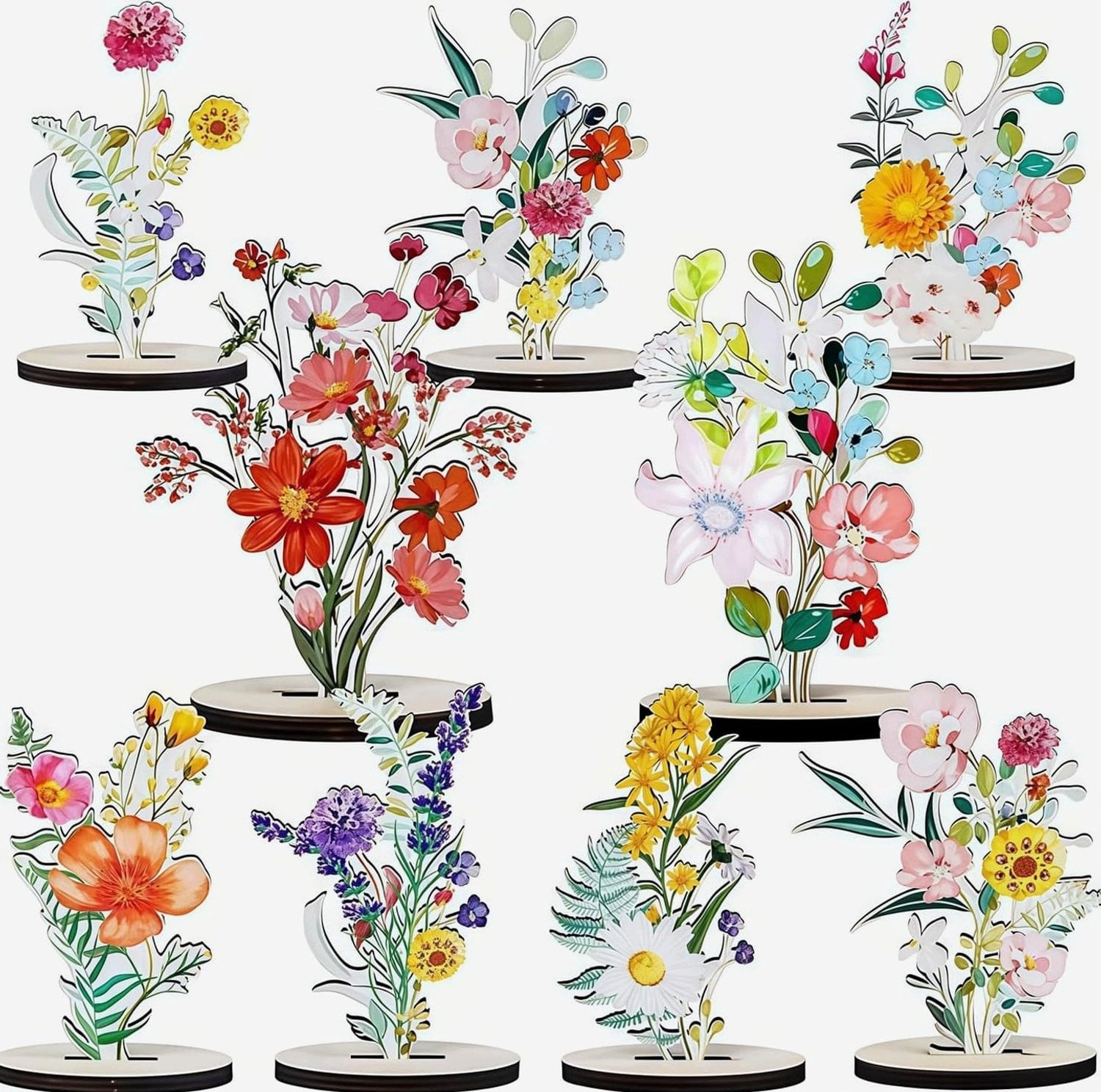 Houten Bloemen Decoratie Set - 8 Stuks Kleurrijke Tafeldecoratie voor Pasen en Lente