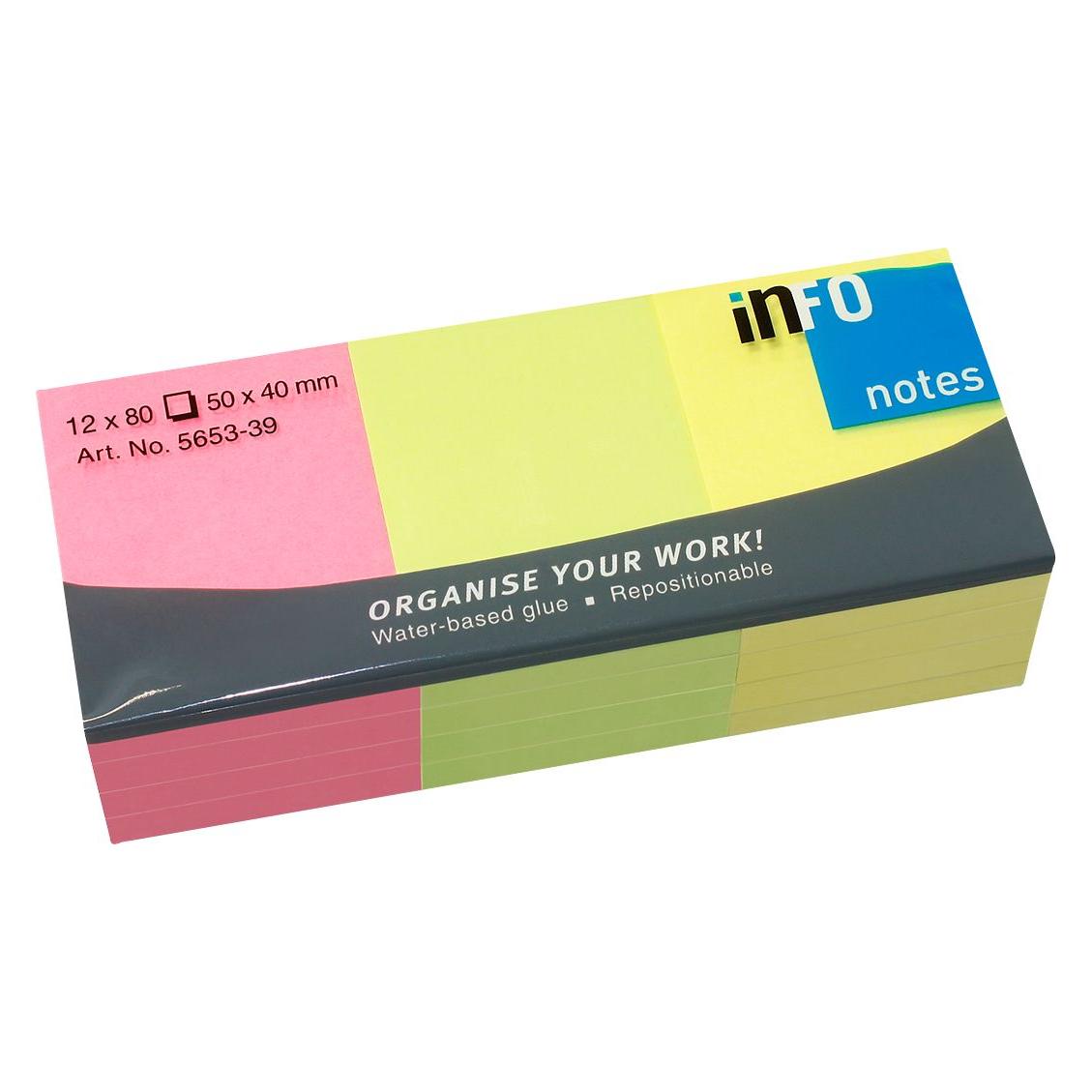 Info Sticky Notes, 50 x 40 mm, brillant mix, pakke a 12 stk. (50 x 40 mm) (5653-39)