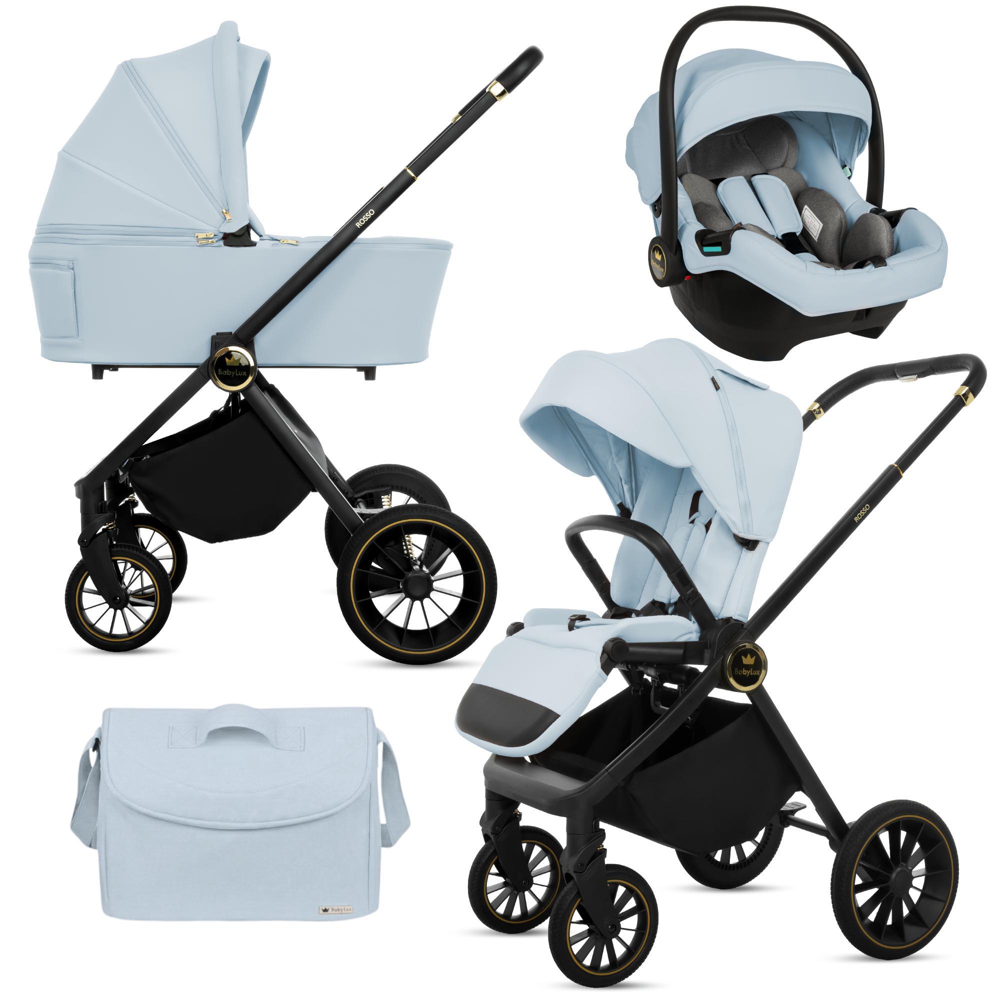 BabyLux Kinderwagen 3in1 Set ROSSO, Blau Faltbar Leicht Kombikinderwagen Set incl. Babywanne, Buggy Sportsitz, Babyschale i-Size, Wickeltasche