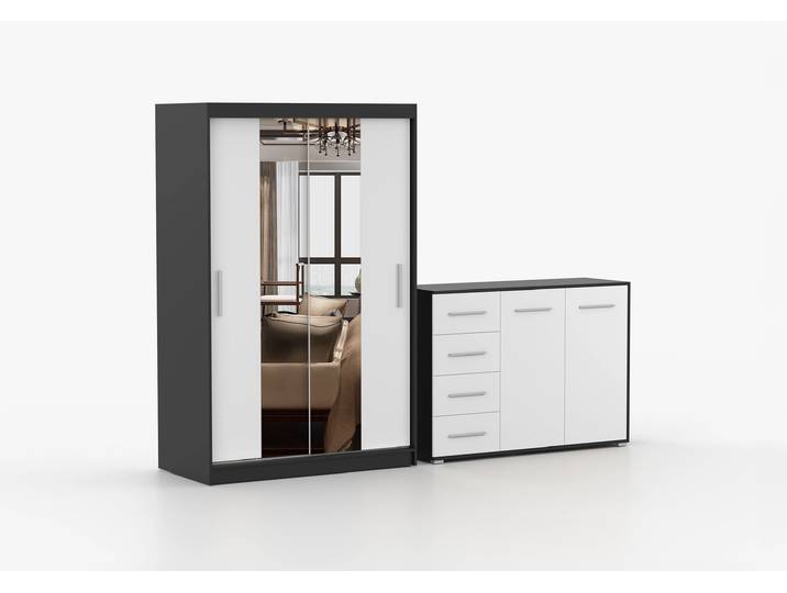 Schwebetürenschrank und Kommode 2er-Set NEOMI 01/FRIDA 01 Schwarz Weiß + Spiegel
