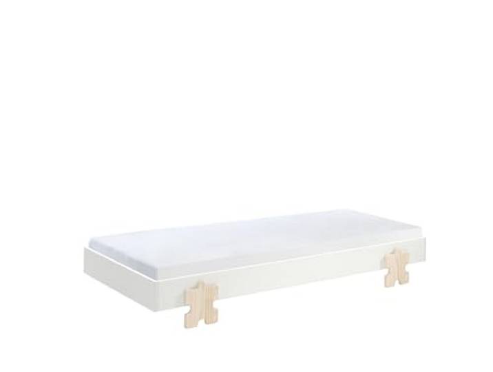 möbelando Stapelbett >Moldulo< Einzelbett/Stapelbett 90 x 200 cm Liegefläche, weiß lackiert, Fuß Puzzle-Optik Kiefer Natur lackiert, Stellfläche ca.: B: 203,6 x H: 27,5 x T: 93,8 cm