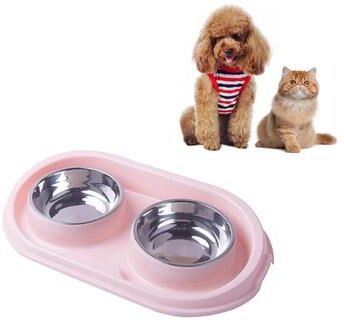 Snug & Styled Premium Anti Skid Stainless Steel Dog Feeding Bowl With Leak Proof Double Dish Design pink