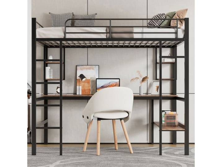 Lit mezzanine 90x200cm avec bureau lit mezzanine avec quatre petites étagères et une grande bibliothèque noir
