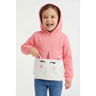 Kapuzensweatshirt BLUE SEVEN, Mädchen, Gr. 98, pink (lachs), Sweatware, Obermaterial: 100% Baumwolle, unifarben mit Farbeinsatz, regular fit normal, Rundhals, Rippbündchen, Sweatshirts, mit süßem Einhorn-Motiv mit bewegter Applikation