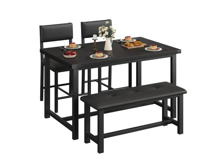Ensemble table à manger industriel 1 table + 1 banc + 2 chaises plateau épais noir