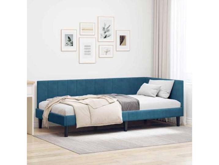 RJPLMFV Eckbettgestell, Blau, 90 x 190 cm, Velours L-Struktur, atmungsaktiver Stoff, stabiles Sperrholz, Höhe 31 cm, Kopfteil wendbar