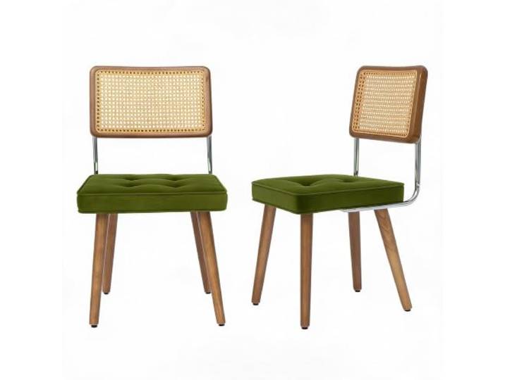 Thaookte 2er Set Mid-Century Rattan Esszimmerstühle mit Leinen-/Samtbezug, hoher Rückenlehne & Massivholzgestell