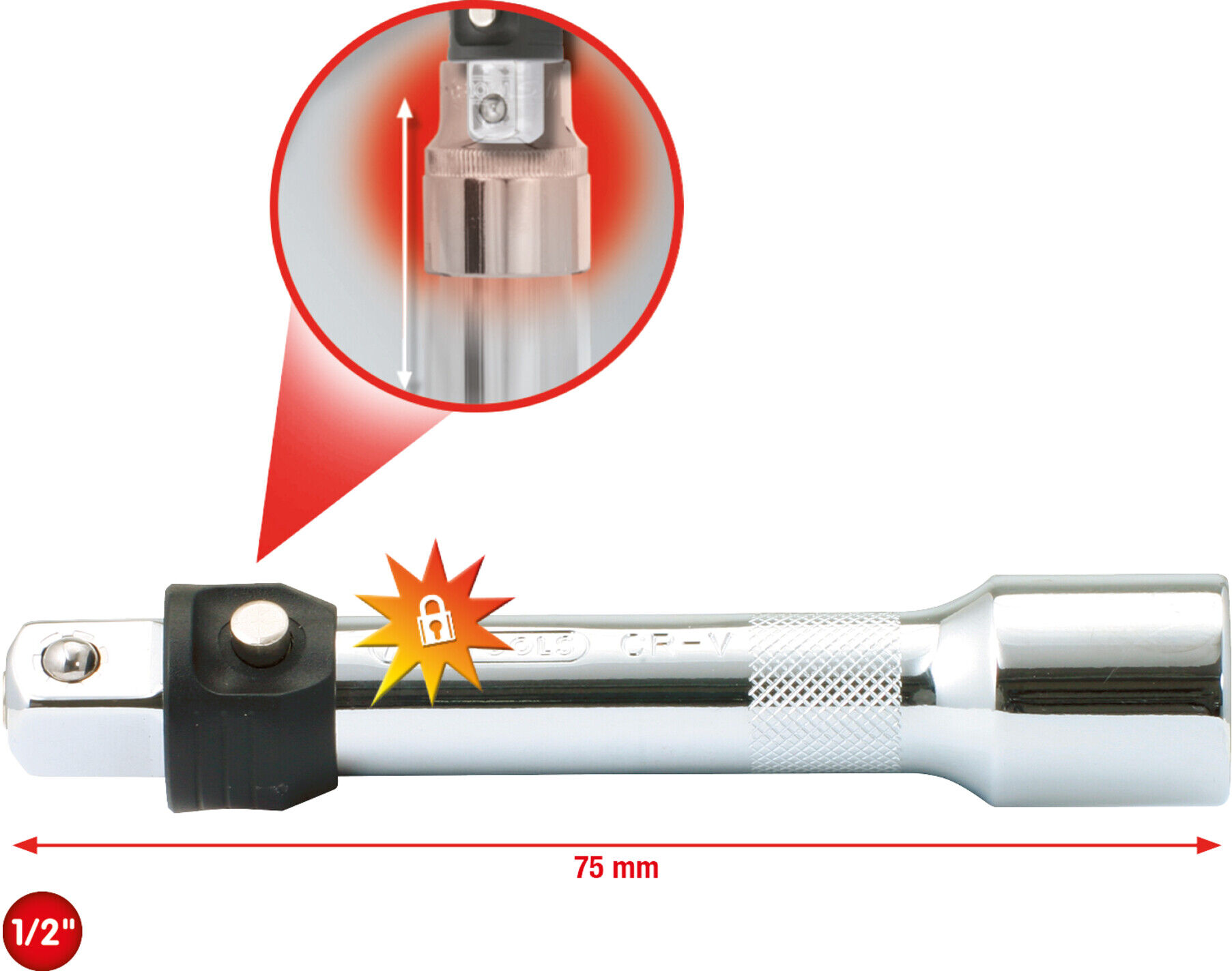 KS Tools 1/2" CHROMEplus Verlängerung mit Verriegelung, 75mm (919.1201)