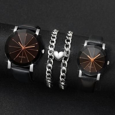 Friendly Fresh Finds Couples Watches With Rhinestone Accents & Leather Bands Magnetic Heart Bracelet Set For Men & Women Couples Watches With Rhinestone Accents & Leather Bands Magnetic Heart Bracelet Set For Men & Women