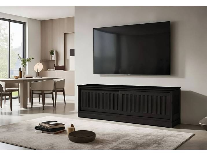 Meuble TV cannelé Pin massif brossé Noir/Noir 166cm