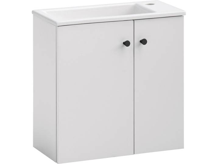 Waschtisch SCHILDMEYER EBBA, 2 Türen, hängende Montage, Breite 50 cm, MADE IN GERMANY , mattweiß, mattweiß, B:50cm H:51,4cm T:25cm, Holzwerkstoff, Waschtische, Waschtisch, Waschbecken aus Keramik in weiss glanz, Made in Germany