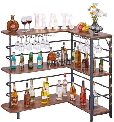VEVOR Home Bar Unit, L-Shaped Wine Bar Cabinet Table with Storage Shelves, Wine Glass Holder