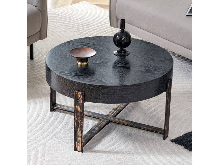 VLIVRA Table basse ronde 68cm pieds croisés métalliques surface noire - design élégant et minimaliste pour salon