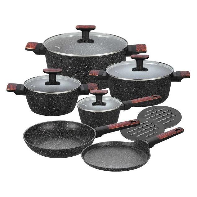 Klausberg Kochset m. marmorierter Antihaftbeschichtung, 12-teilig, schwarz (52984040)