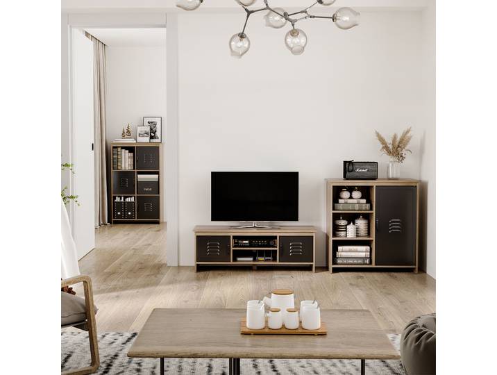 HOMCOM Buffet Industriel Bois/Métal 3 Niches Noir