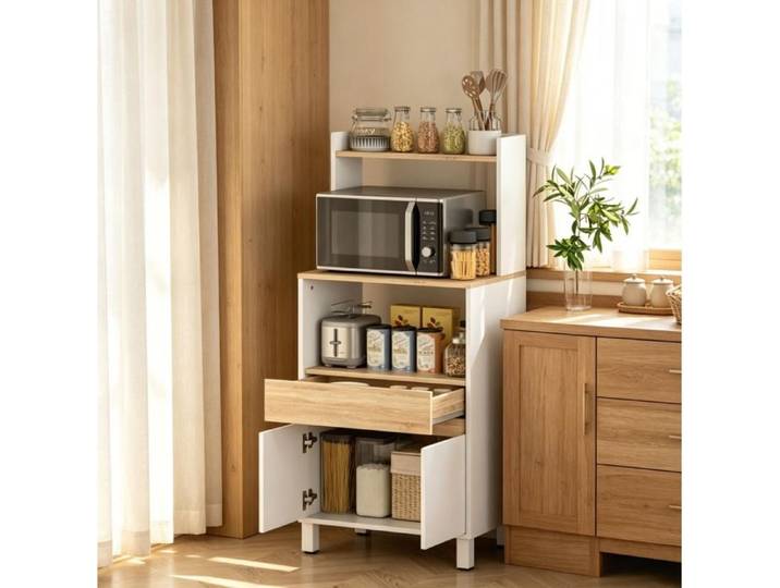 WUVRIE Meuble micro-ondes cuisine blanc effet bois colonne de rangement avec tiroir et porte