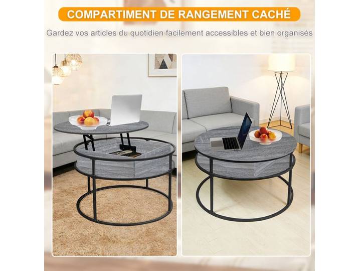 SUPFINE Table Basse avec Rangement Caché Ronde Table Basse Plateau Relevable 2 en 1 pour Salon et Bureau 60×60×47cm Gris Foncé