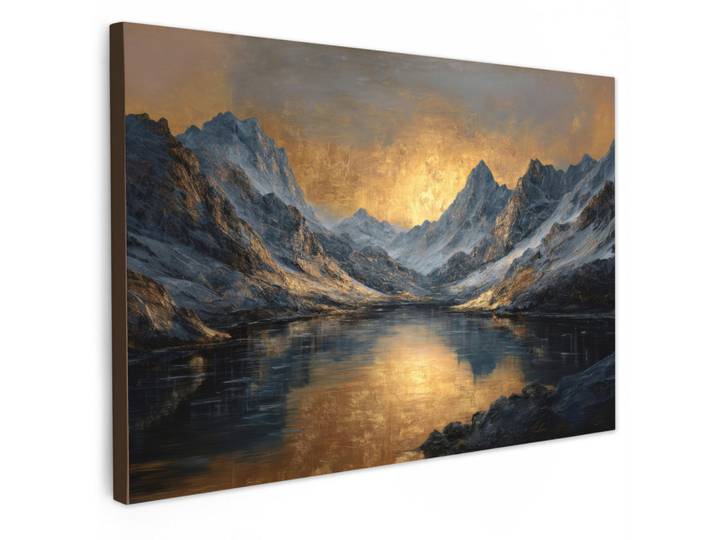 MuchoWow Leinwandbild - Bergkulisse mit goldenem Sonnenuntergang - 120x80 - Kunstdruck, Goldfarben, Textil, Kiefer, Abstrakt, Rechteckig, 120x80 cm, gerahmt, Bilder & Rahmen, Bilder, Wandbilder