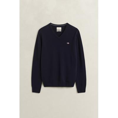 V-Ausschnitt-Pullover GANT "SUPERFINE LAMBSWOOL V-NECK", Herren, Gr. 5XL, blau (marine), Strick, Obermaterial: 100% Wolle, normal, V-Ausschnitt, Rippbündchen, Pullover, regular fit aus reiner Wolle, gerippte Abschlüsse