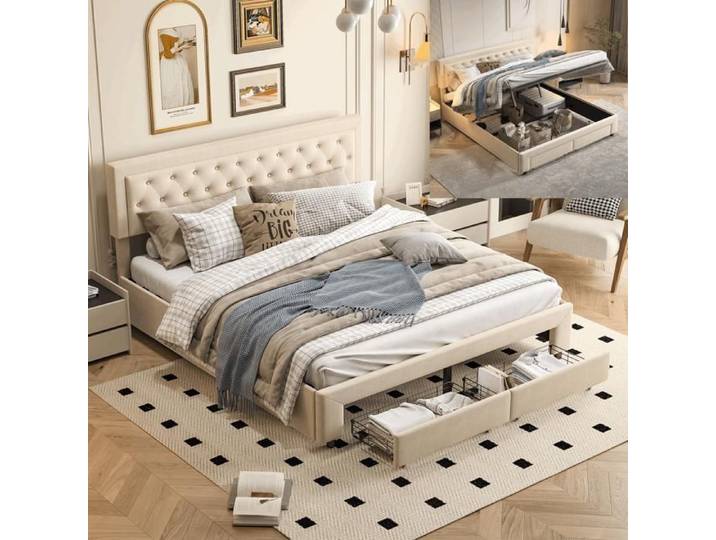 litcoffre 160 200 coffre lit 160 x 200 avec sommier lit adulte lit double avec deux tiroirs Conception de rivets Velours Beige