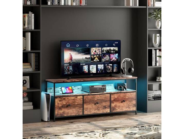 Meuble TV bas meuble TV LED commode en tissu avec 3 tiroirs meuble de divertissement bas 137x30x57cm couleur du bois
