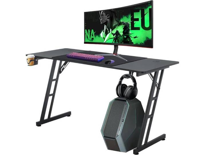 Bureau gaming - AUFUN - Type B - 160x60 cm - Revêtement fibre de carbone - Crochet casque & porte-gobelet