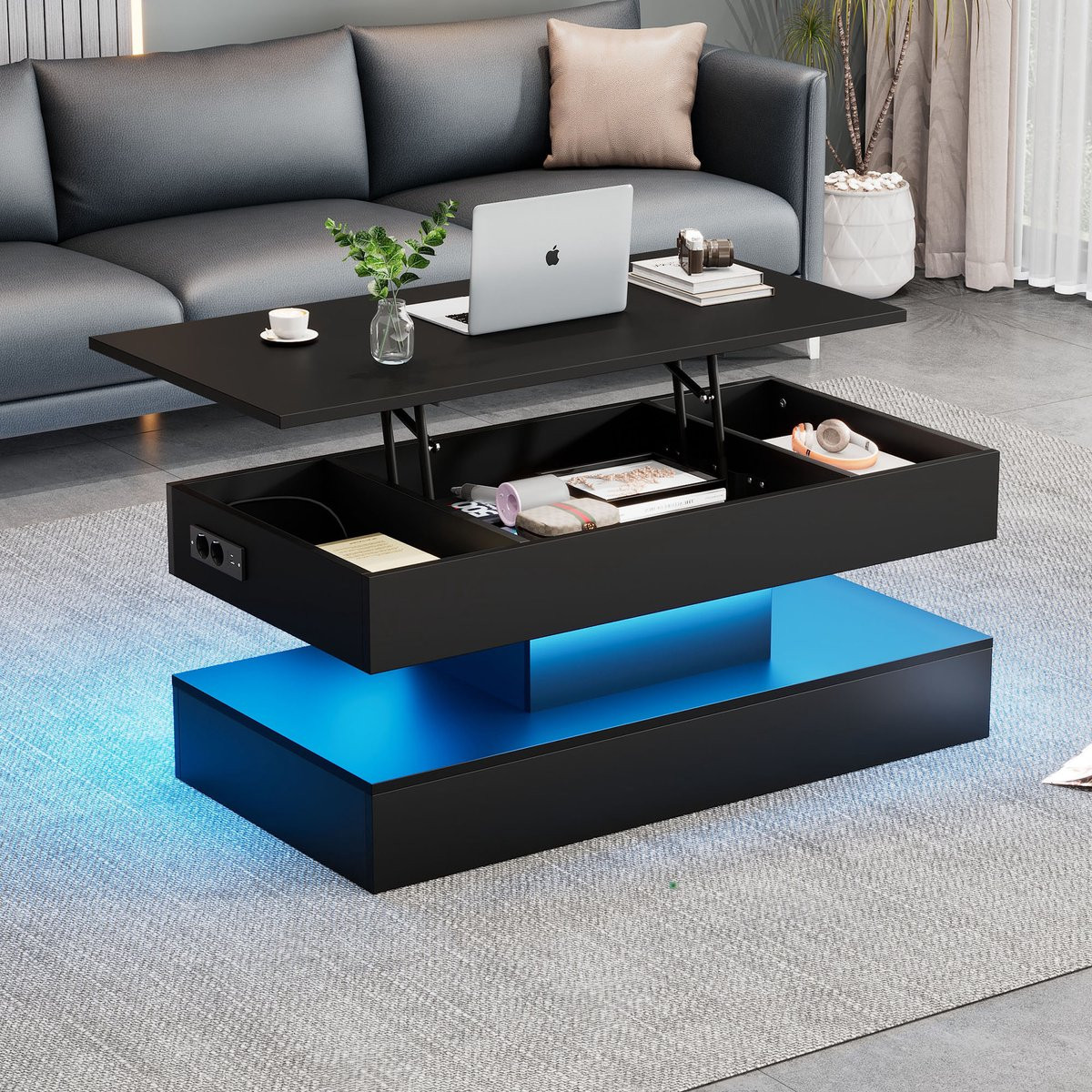 Sweiko Salontafel met LED-verlichting, verborgen opbergruimte en hydraulische lift top - Zwart