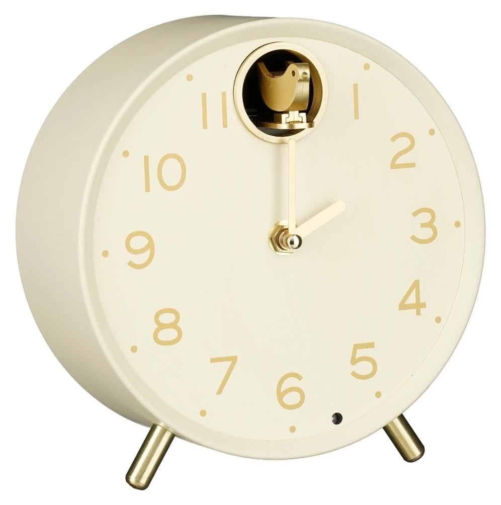 Mica Decorations Bonny Klok Creme - Decoratieve ronde tafelklok met vogelmotief, H 9 x Ø 17,5 cm