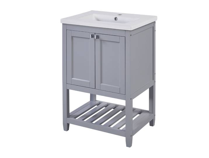 Meuble Salle de Bain Gris 60cm - Vasque Céramique et Rangement Ouvert