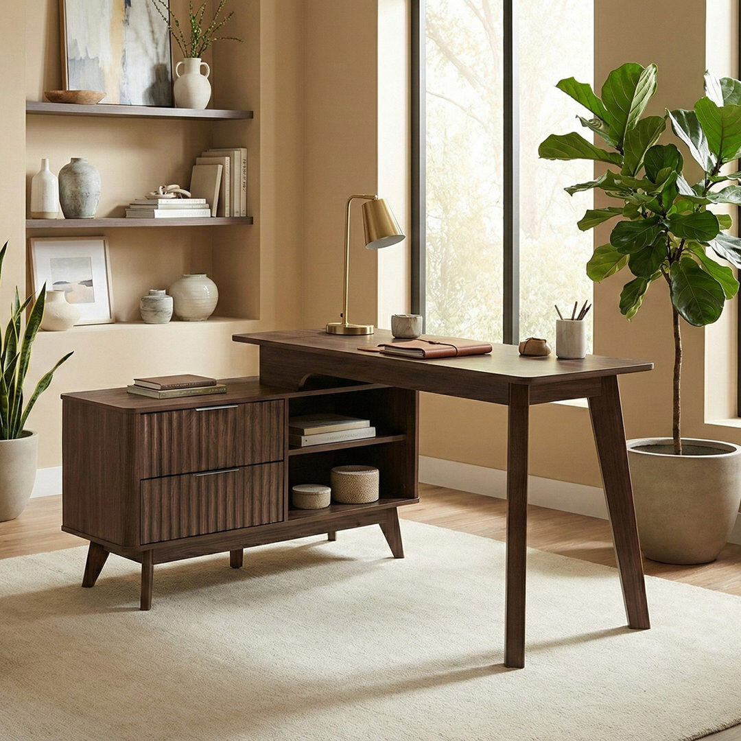 George Oliver Yaelle Modular L-Shaped Writing Desk Walnut 76.2cm H X 140cm W X 120cm D