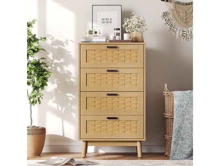 Commode 4 Tiroirs en rotin Meuble de Rangement pour Chambre Commode Armoire bois 55x40x95 cm Style scandinave moderne couleur chêne