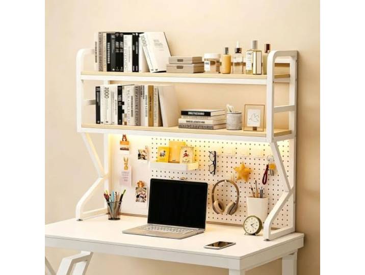 Tischregal 1/2 Etagen Tischaufbewahrungsregal Mit Aufhängeleiste Platzsparend Für Wohnheime, Büros und zu Hause(2‑Tier White+Beige,130cm/51in)