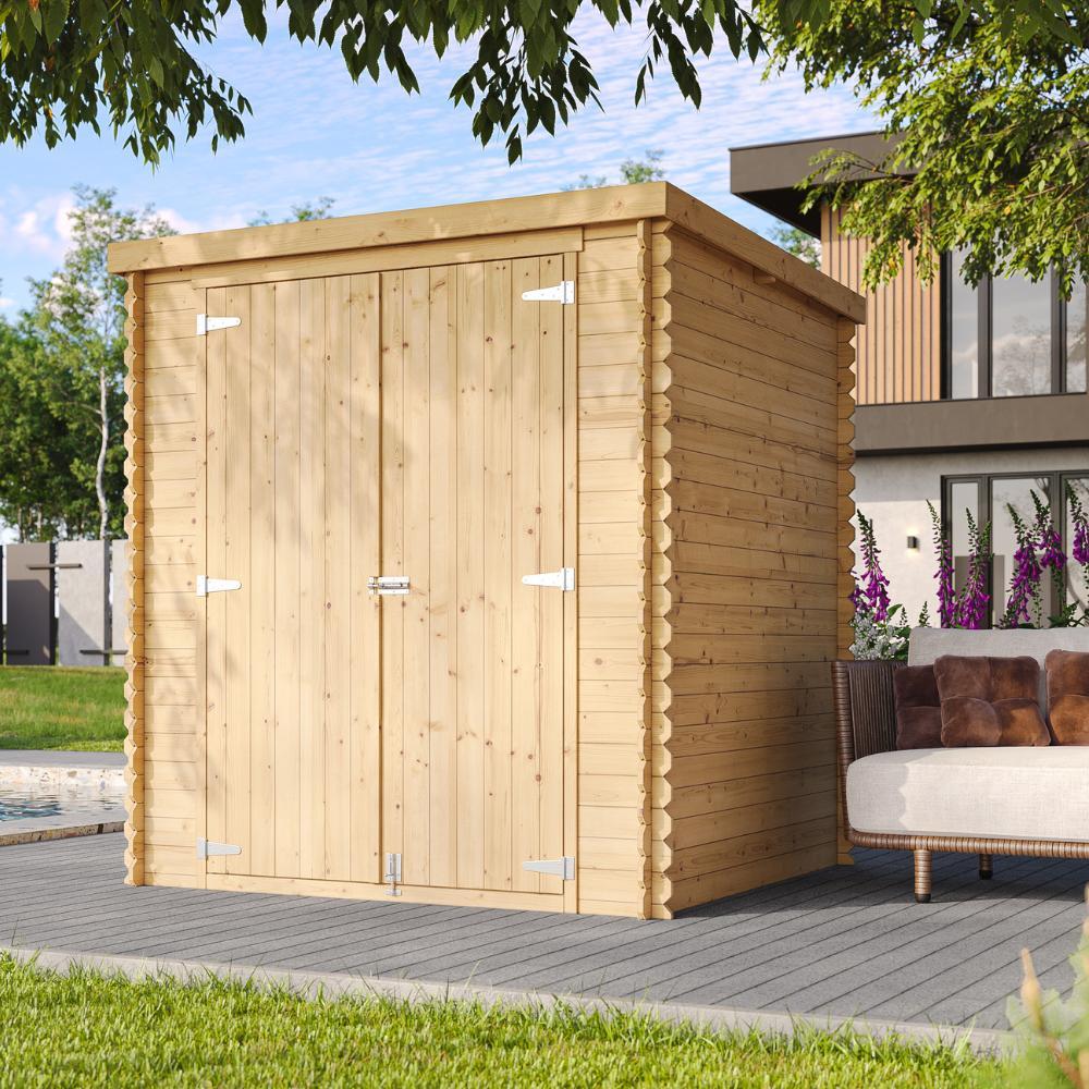 TIMBELA M309C1 Gartenhaus aus Holz 3,53 m², Kiefer/Fichte, Geräteschuppen mit 19 mm Wandstärke, Gerätehaus aus Holz für Gartenwerkzeug und Fahrräder, Doppeltür, Ohne Boden