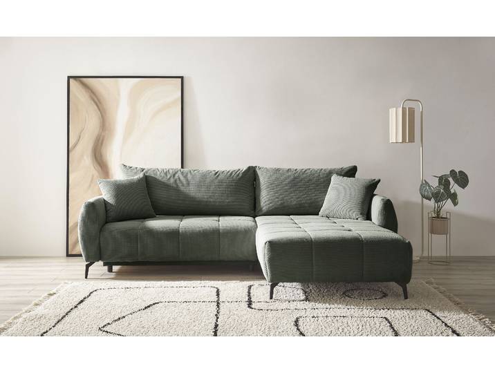 Ecksofa GOODPRODUCT JINNIE Webstoff, L-Form, Polsterecke m. Schlaffunktion , grün, B:287cm H:94cm T:197cm, Sofas, Ecksofa, Recamiere links/rechts montierbar, als Webstoff oder Chenille-Stoff