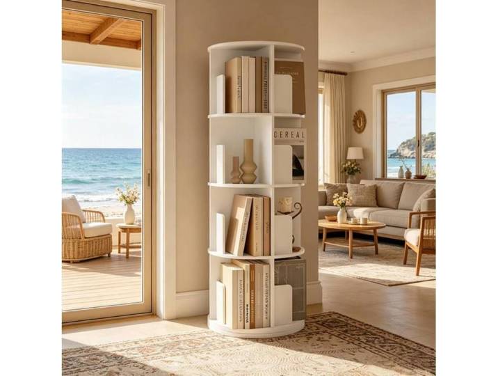 Bibliothèque rotative d'angle sur pied 4 niveaux 16 compartiments blanc bois d'ingénierie E1 TYNQER