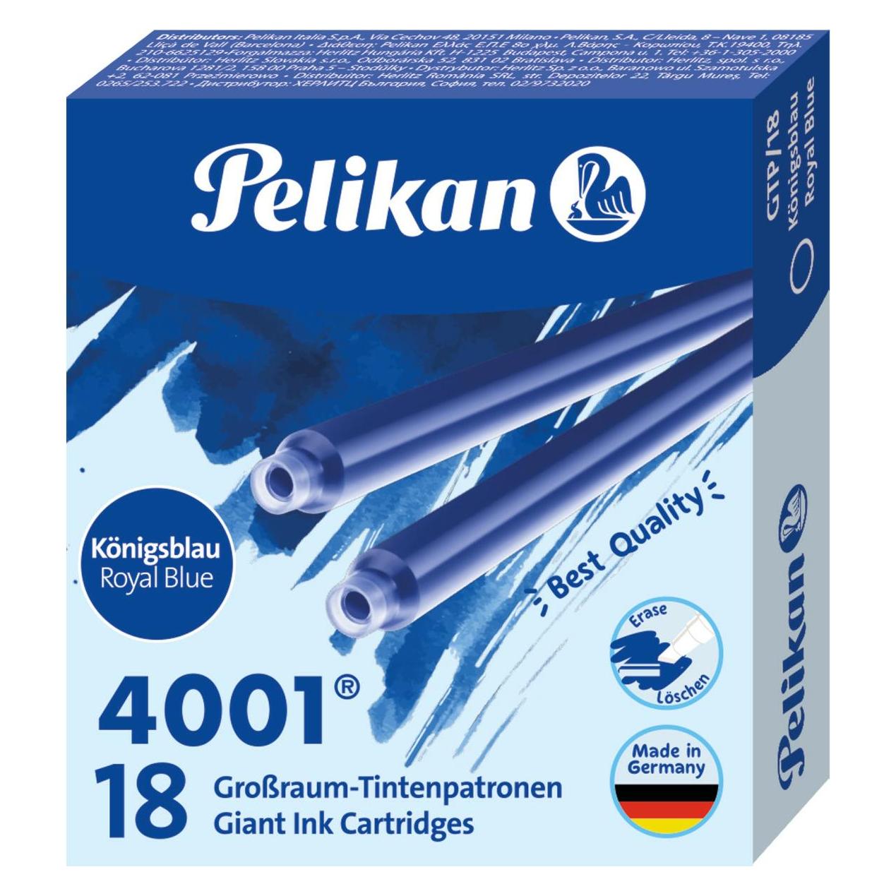 Pelikan Großraum-Tintenpatronen 4001 GTP/18, königsblau Standard-Großraum-Patronen für alle (Blau, 18 Stk.) (300735)