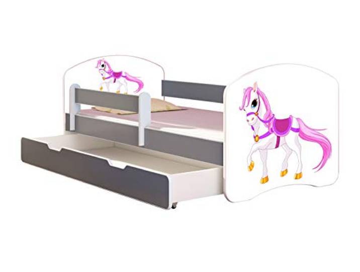 ACMA Kinderbett Jugendbett mit Einer Schublade und Matratze Grau mit Rausfallschutz Lattenrost II Spielbett Kinderzimmer Möbel (43 Kleines Pferd, 140x70 + Bettkasten)